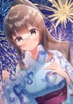  1girl absurdres aerial_fireworks blue_kimono blush breasts brown_eyes brown_hair closed_mouth commentary_request dutch_angle fireworks floral_print futaba_rio glasses grey-framed_eyewear gyozanuko hands_up high_ponytail highres japanese_clothes kimono long_hair long_sleeves medium_breasts night night_sky obi outdoors over-rim_eyewear pinching_sleeves ponytail print_kimono sash seishun_buta_yarou semi-rimless_eyewear sidelocks sky sleeves_past_wrists smile solo upper_body wide_sleeves yukata 