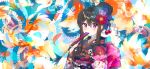  1girl animal bangs black_hair black_kimono blue_umbrella blush bow braid checkered closed_fan commentary covered_mouth eyebrows_visible_through_hair fan fish floral_print flower folding_fan goldfish hair_between_eyes hair_bow hair_bun hair_flower hair_ornament highres holding holding_fan japanese_clothes kimono long_hair long_sleeves looking_at_viewer obi oriental_umbrella original print_kimono purple_bow purple_flower red_flower sash sidelocks solo symbol_commentary umbrella upper_body urim_(paintur) wide_sleeves yukata 