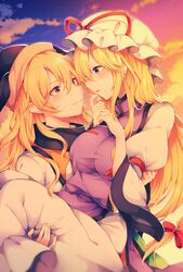  2girls black_headwear blonde_hair blue_sky bow breasts carrying closed_mouth clouds dress eye_contact gradient_sky hair_bow hat highres large_breasts light_smile long_hair long_sleeves looking_at_another matara_okina mob_cap multiple_girls orange_sky outdoors parted_lips princess_carry purple_sky red_bow sky sweat tabard tama_(soon32281) touhou violet_eyes white_dress white_headwear yakumo_yukari yellow_eyes yuri 