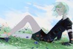  1other absurdres androgynous black_shorts blue_sky clouds colored_eyelashes crystal_hair flower full_body gem_uniform_(houseki_no_kuni) grass highres houseki_no_kuni nature nko_nok0 on_ground outdoors phosphophyllite short_shorts shorts sitting sky tokotoko_numa 