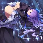 1girl absurdres armored_boots bangs black_jacket blue_eyes blue_ribbon blush boots breasts cropped_jacket fate/extra fate/extra_ccc fate_(series) gyukaku400 hair_ribbon highres jacket long_hair long_sleeves looking_at_viewer lying meltryllis navel on_side prosthesis prosthetic_leg purple_hair ribbon sleeves_past_fingers sleeves_past_wrists small_breasts very_long_hair 