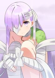  1girl bandage_over_one_eye bandaged_arm bandaged_head bandaged_leg bandages bangs bare_shoulders blush breasts closed_mouth fate/extra fate/extra_ccc fate_(series) highres kingprotea knees_up long_hair looking_at_viewer moss naked_bandage purple_hair sitting small_breasts smile very_long_hair violet_eyes zenshin 