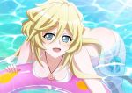  1girl :d bikini blonde_hair blue_eyes breasts character_request copyright_request floating floating_object jewelry long_hair looking_at_viewer miyumitu_rsm necklace open_mouth ribbon side-tie_bikini smile solo swimsuit water 