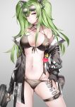  ! 1girl absurdres bikini black_bikini blush breasts breasts_apart calico_m950 contrapposto eyewear_on_head fingerless_gloves girls_frontline gloves green_eyes green_hair grey_background gun hair_between_eyes hand_on_hip highres long_hair lubikaya1 m950a_(girls_frontline) medium_breasts navel solo swimsuit swimsuit_under_clothes thigh_strap thighs twintails weapon 