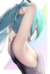  1girl adjusting_hair armpits arms_up back bare_shoulders blue_hair breasts closed_eyes closed_mouth commentary facing_away facing_to_the_side from_side hatsune_miku highres long_hair nape rsk_(tbhono) shiny shiny_skin sideboob simple_background sleeveless small_breasts solo very_long_hair vocaloid white_background 