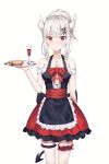  1girl alcohol alternate_costume apron bangs bare_shoulders black_apron black_dress blush bow breasts collarbone cup demon_girl demon_horns demon_tail dress drinking_glass enmaided eyebrows_visible_through_hair food fork frilled_apron frills grey_hair helltaker highres holding holding_tray horns large_breasts looking_at_viewer lucifer_(helltaker) maid medium_breasts mole mole_under_eye multiple_girls pancake ramyun_sari red_bow red_dress red_eyes shirt silver_hair simple_background solo_focus tail tray white_background white_hair white_horns wine wine_glass 