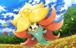  :d clouds commentary_request day field flower flower_field full_body gen_8_pokemon gossifleur hakuginnosora looking_at_viewer no_humans open_mouth outdoors petals pokemon pokemon_(creature) sky smile solo tongue tree 