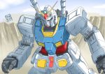  commentary dated glowing glowing_eyes green_eyes gundam hunched_over looking_down mecha mobile_suit_gundam needle_(42) no_humans open_hands rx-78-2 solo v-fin 