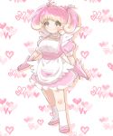  1girl absurdres apron audino blush full_body gen_5_pokemon gloves gradient_hair grey_eyes heart highres i_rumu_gi7 multicolored_hair personification pink_footwear pink_gloves pink_hair pokemon short_sleeves short_twintails simple_background smile solo standing twintails white_background white_legwear 