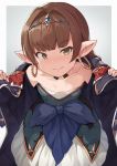  1girl bangs bare_shoulders blush braid braided_ponytail brown_eyes brown_hair collarbone dress earrings eyebrows_visible_through_hair granblue_fantasy haaselia harvin hinami_(hinatamizu) hoop_earrings jewelry long_hair looking_at_viewer pointy_ears simple_background smile solo 