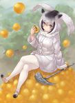  1girl bangs black_hair brown_footwear coat crossed_legs full_body fur_collar gloves hair_between_eyes head_wings holding kemono_friends long_sleeves multicolored_hair northern_white-faced_owl_(kemono_friends) pantyhose pile shoes short_hair sitting smile solo tadano_magu white_coat white_hair white_legwear yellow_eyes 