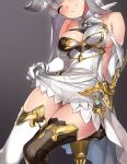  92m animal_ears bangs bare_shoulders blunt_bangs blush breasts come_hither dress dress_lift erune granblue_fantasy grey_eyes highres korwa medium_breasts mismatched_legwear parted_lips seductive_smile silver_hair sitting skindentation smile thigh-highs thighs 