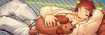  1boy animal_ears bangs bara beard blush brown_hair bulge chest facial_hair forked_eyebrows glowing_horns hood hoodie horns legs looking_at_viewer male_focus muscle native_american one_eye_closed open_clothes open_hoodie pectorals solo stuffed_toy thick_eyebrows tokyo_houkago_summoners tsuk8454 upper_body wakan_tanka 