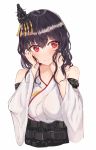  1girl black_hair commentary_request detached_sleeves hair_ornament headgear highres japanese_clothes kantai_collection looking_to_the_side miyako_(00727aomiyako) red_eyes short_hair simple_background solo upper_body wavy_hair white_background wide_sleeves yamashiro_(kantai_collection) 