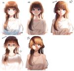  1girl arrow_(symbol) bangs blue_eyes blush breasts brown_hair closed_mouth collarbone commentary_request cropped_torso eyebrows_visible_through_hair highres korean_commentary korean_text long_hair looking_at_viewer menna_(0012) multiple_views original shadow shirt short_sleeves simple_background small_breasts smile sunlight translation_request upper_body white_background white_shirt 