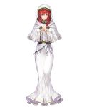  1girl dress fire_emblem fire_emblem:_mystery_of_the_emblem fire_emblem_heroes full_body hands_together highres holding kousei_horiguchi lena_(fire_emblem) long_hair looking_at_viewer official_art red_eyes redhead smile solo staff transparent_background white_dress 