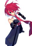  1boy adell_(disgaea) ahoge black_gloves black_pants blue_eyes disgaea elbow_gloves gloves makai_senki_disgaea_2 male_focus necktie pants purple_background redhead scar shirt simple_background sleeveless sleeveless_shirt solo white_background zuku_p 