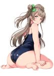  1girl absurdres ass ass_focus bare_shoulders blue_swimsuit blush brown_eyes brown_hair closed_mouth competition_school_swimsuit from_behind full_body grey_hair hair_over_shoulder highres long_hair looking_at_viewer love_live! love_live!_school_idol_project minami_kotori one-piece_swimsuit one_side_up school_swimsuit shinonon_(iso_shino) shiny shiny_clothes shiny_skin simple_background sitting skindentation smile smirk smug solo swimsuit thick_thighs thighs wariza white_background 