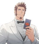  1boy 47 alternate_costume beard blue_eyes bow bowtie brown_hair card chest facial_hair fate/grand_order fate_(series) formal holding holding_card long_sleeves looking_at_viewer male_focus napoleon_bonaparte_(fate/grand_order) smile solo suit uniform upper_body white_background white_day 