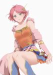  1girl bad_id bad_pixiv_id closed_mouth dress earrings final_fantasy final_fantasy_v green_eyes jewelry knife lenna_charlotte_tycoon looking_at_viewer noi_(akireinnocent) orange_shirt pink_hair shirt short_hair simple_background skirt smile solo white_background 