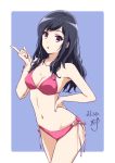  1girl bikini black_hair breasts collarbone dated eyebrows_visible_through_hair hand_on_hip hand_up highres index_finger_raised long_hair looking_at_viewer nii_manabu open_mouth original pink_bikini pointing signature simple_background solo swimsuit thighs violet_eyes 