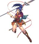  1girl armor bangs blue_eyes blue_hair boots fire_emblem fire_emblem:_new_mystery_of_the_emblem fire_emblem_heroes highres holding holding_weapon izuka_daisuke kris_(fire_emblem) long_hair official_art parted_lips polearm ponytail shiny shiny_hair solo spear sword tied_hair weapon 