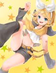  1girl :d arm_tattoo bangs bare_shoulders black_shorts black_sleeves blonde_hair blue_eyes blush bow commentary_request crop_top detached_sleeves eyebrows_visible_through_hair hair_bow hair_ornament hairclip hand_up headset highres kagamine_rin leg_warmers looking_at_viewer midriff navel number_tattoo open_mouth sailor_collar shirt short_hair short_shorts shorts sidelocks sleeveless sleeveless_shirt smile solo starry_background swept_bangs tattoo upper_teeth vocaloid white_shirt yellow_background yellow_belt yellow_nails yellow_neckwear yoshiki1020 