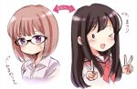  &gt;_o 2girls alternate_hairstyle arrow_(symbol) bangs black-framed_eyewear black_hair blush breasts brown_sailor_collar character_name collared_shirt commentary_request copyright_name cropped_torso double_v eyebrows_visible_through_hair glasses hairstyle_switch himawari-san himawari-san_(character) kazamatsuri_matsuri light_brown_hair long_hair looking_at_viewer medium_breasts medium_hair multiple_girls neckerchief one_eye_closed red_neckwear sailor_collar school_uniform serafuku shirt side-by-side simple_background sugano_manami translation_request v violet_eyes white_background white_shirt 