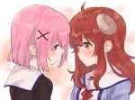  2girls ahoge blush brown_eyes brown_hair chiyoda_momo curled_horns demon_girl demon_horns eyebrows_visible_through_hair hair_ornament highres horns long_hair machikado_mazoku multiple_girls pink_hair school_uniform shiny shiny_hair short_hair sorimachi-doufu yoshida_yuuko_(machikado_mazoku) yuri 