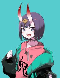  1girl bangs black_jacket blue_background blue_jacket blush bob_cut breasts choker collarbone contemporary dai_yasude drawstring eyeliner fate/grand_order fate_(series) headpiece highres horns jacket long_sleeves looking_at_viewer makeup off_shoulder oni oni_horns open_clothes open_jacket open_mouth pink_sweater purple_hair short_hair shuten_douji_(fate/grand_order) simple_background skin-covered_horns small_breasts smile sweater two-tone_jacket violet_eyes 