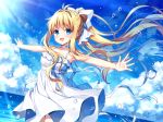  1girl :d air antenna_hair bangs bare_arms bare_shoulders blonde_hair blue_eyes blue_sky breasts clouds collarbone commentary_request day dress eyebrows_visible_through_hair floating_hair hair_between_eyes hair_intakes hair_ribbon horizon kamio_misuzu long_hair looking_at_viewer mauve ocean open_mouth outdoors outstretched_arms ponytail ribbon sky sleeveless sleeveless_dress small_breasts smile solo spread_arms very_long_hair water white_dress white_ribbon 