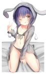  1girl ;q animal_ears animal_hood bangs bed_sheet between_legs bikini black_bikini black_legwear blue_eyes blush brown_eyes bunny_hood closed_mouth commentary_request drawstring eyebrows_visible_through_hair fake_animal_ears front-tie_bikini front-tie_top gochuumon_wa_usagi_desu_ka? grey_jacket hair_between_eyes hand_between_legs highres hood hood_up hooded_jacket jacket jouga_maya long_sleeves looking_at_viewer na!?_(naxtuyasai) navel one_eye_closed open_clothes open_jacket rabbit_ears sitting sleeves_past_wrists smile socks solo swimsuit tongue tongue_out v wariza white_background wild_geese 