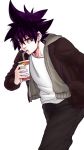  +_+ 1boy black_hair black_pants brown_jacket cup disposable_cup drinking drinking_straw hair_between_eyes hand_in_pocket highres holding holding_cup jacket jin_mori minjong0625_(hello) pants shirt simple_background solo spiky_hair standing the_god_of_high_school white_background white_shirt 
