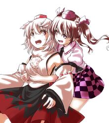  2girls animal_ears black_skirt breasts brown_hair checkered checkered_skirt commentary_request cropped_legs detached_sleeves eyebrows_visible_through_hair fingerless_gloves fingernails floating_hair frilled_shirt_collar frills gloves hair_between_eyes hair_ribbon hat himekaidou_hatate hug hug_from_behind inubashiri_momiji leaf_print leaning_back looking_at_another looking_back maple_leaf_print medium_breasts multiple_girls muted_color nibi open_mouth pom_pom_(clothes) puffy_short_sleeves puffy_sleeves purple_headwear purple_shirt purple_skirt red_eyes red_headwear red_skirt ribbon shirt short_hair short_sleeves sideboob simple_background skirt standing sweatdrop tokin_hat touhou twintails two-tone_skirt violet_eyes white_background white_hair wolf_ears 