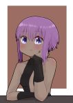  1girl :t bangs bare_shoulders black_bodysuit blush bodysuit breasts brown_background closed_mouth dark_skin eyebrows_visible_through_hair fate/prototype fate/prototype:_fragments_of_blue_and_silver fate_(series) hair_between_eyes hand_up hassan_of_serenity_(fate) highres i.u.y looking_at_viewer purple_hair small_breasts solo two-tone_background upper_body violet_eyes white_background 
