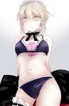  1girl arms_behind_back artoria_pendragon_(all) bangs black_ribbon blue_bra blue_panties bra breasts choker closed_mouth covered_nipples cowboy_shot eyebrows_visible_through_hair fate/stay_night fate_(series) frilled_bra frills frown hair_between_eyes highres looking_at_viewer maid_headdress navel neck_ribbon panties ribbon saber_alter short_hair_with_long_locks silver_hair small_breasts solo standing suzuakks under_boob underwear underwear_only white_background yellow_eyes 