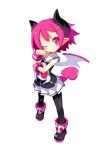  1girl bat_wings black_legwear demon_girl disgaea earrings horns jewelry looking_at_viewer makai_senki_disgaea_3 pantyhose pink_eyes pink_hair pleated_skirt pointy_ears raspberyl short_hair simple_background skirt smile solo tail white_background wings zuku_p 