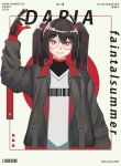  1girl absurdres album_cover barcode_print black_hair cover frills glasses gloves highres itsuwami jacket red_eyes twintails 