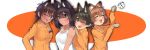  4girls :3 ;d absurdres animal_ear_fluff animal_ears antyobi0720 bangs blue_eyes blush bob_cut brown_eyes brown_hair bug butterfly cat_ears closed_eyes dark_skin eyebrows_visible_through_hair freckles girls_und_panzer gloves green_eyes grey_gloves hands_on_another&#039;s_shoulders highres hoshino_(girls_und_panzer) insect jumpsuit kemonomimi_mode long_sleeves looking_at_viewer mechanic multiple_girls nakajima_(girls_und_panzer) name_tag one_eye_closed open_mouth orange_jumpsuit paw_pose pose romaji_text shirt short_hair side-by-side smile standing suzuki_(girls_und_panzer) sweatdrop tank_top tsuchiya_(girls_und_panzer) uniform white_shirt 