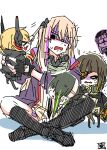  &gt;_&lt; 5girls :3 anger_vein anti-rain_(girls&#039;_frontline) asymmetrical_legwear beret black_footwear black_gloves black_hair black_jacket black_socks black_thighhighs blonde_hair blunt_bangs blush_stickers brown_hair carrying carrying_person chibi chibi_inset chinese_commentary commentary_request eyepatch fingerless_gloves full_body girls_frontline gloves grabbing_another&#039;s_hair grey_hair hair_ornament hat headgear highres hk416_(girls&#039;_frontline) jacket kneehighs long_hair long_sleeves m16a1_(girls&#039;_frontline) m4_sopmod_ii_(girls&#039;_frontline) m4a1_(girls&#039;_frontline) multicolored_hair multiple_girls necktie o_o open_mouth peeking_out purple_hair purple_jacket redhead seal_impression shaded_face simple_background sitting socks st_ar-15_(girls&#039;_frontline) streaked_hair su_xiao_jei tearing_up tears thigh-highs trembling uneven_legwear white_background x3 |_| 