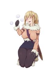  1girl absurdres artnetirs between_breasts black_legwear blonde_hair blush boots breasts brown_footwear closed_eyes commentary darkness_(konosuba) fur_trim hair_ornament highres kono_subarashii_sekai_ni_shukufuku_wo! large_breasts long_hair open_mouth pantyhose ponytail simple_background smile solo upper_teeth white_background x_hair_ornament 