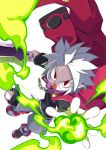  1boy ahoge disgaea glasses jacket jacket_on_shoulders makai_senki_disgaea_3 male_focus mao_(disgaea) messy_hair red_eyes shirt shorts simple_background smile solo white_background white_hair zuku_p 