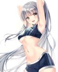  1girl :d armpits arms_up bangs bare_arms bare_shoulders blue_shorts blush breasts buri_(retty9349) commentary_request cowboy_shot crop_top eyebrows_visible_through_hair grey_eyes highres long_hair looking_at_viewer medium_breasts midriff navel open_mouth original shirt short_shorts shorts silver_hair simple_background sleeveless sleeveless_shirt smile solo stomach under_boob very_long_hair white_background 