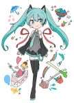  1girl aqua_eyes aqua_hair aqua_neckwear boots bucket cake cherry commentary dated_commentary detached_sleeves duplicate english_commentary food fork fruit globe hatsune_miku headset heart leg_up letter long_hair mikan_(mikabe) necktie paintbrush plant potted_plant puddle replaceme sapling skirt solo spring_onion star_(symbol) strawberry thigh-highs thigh_boots twintails umbrella vocaloid 