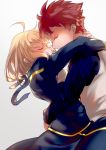  1boy 1girl arms_around_neck arms_around_waist artoria_pendragon_(all) bangs blonde_hair blue_ribbon blue_skirt blue_sleeves closed_eyes closed_mouth couple emiya_shirou fate/stay_night fate_(series) grey_background hair_ribbon hug long_sleeves redhead ribbon saber shirt short_hair simple_background skirt smile suzuakks white_shirt 