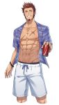  1boy 47 abs beard blue_eyes bracelet brown_hair chest commentary_request drink facial_hair fate/grand_order fate_(series) jewelry looking_at_viewer male_focus napoleon_bonaparte_(fate/grand_order) nipples scar shorts simple_background smile solo swimsuit white_background 