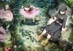  4girls animal_on_hand bangs barefoot belt black_hair black_skirt braid butterfly_hair_ornament butterfly_on_finger from_above hair_ornament jacket kimetsu_no_yaiba long_hair long_sleeves multiple_girls nakahara_sumi nature oie13 outdoors parted_bangs pleated_skirt river rock scenery short_hair side_ponytail sitting sitting_on_rock skirt smile soaking_feet solid_circle_eyes stream takada_naho terauchi_kiyo tsuyuri_kanao twin_braids twintails violet_eyes wading water white_belt 