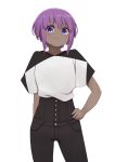  1girl bangs black_pants blush closed_mouth dark_skin eyebrows_visible_through_hair fate/prototype fate/prototype:_fragments_of_blue_and_silver fate_(series) hair_between_eyes hand_on_hip hassan_of_serenity_(fate) highres i.u.y looking_at_viewer pants purple_hair shirt short_sleeves sidelocks simple_background smile solo standing violet_eyes white_background white_shirt wide_sleeves 