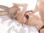  1girl ailout2 animal_ears artist_name bikini black_bikini blush breasts breasts_apart bunny_girl character_request copyright_request dutch_angle grey_hair hair_between_eyes lying medium_breasts mole mole_under_eye on_back rabbit_ears short_hair solo swimsuit 