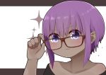  1girl :3 bangs bare_shoulders bespectacled black_background black_shirt blush brown-framed_eyewear closed_mouth collarbone dark_skin eyebrows_visible_through_hair fate/prototype fate/prototype:_fragments_of_blue_and_silver fate_(series) glasses hair_between_eyes hassan_of_serenity_(fate) highres i.u.y looking_at_viewer off-shoulder_shirt off_shoulder portrait purple_hair shirt sidelocks solo sparkle two-tone_background violet_eyes white_background 
